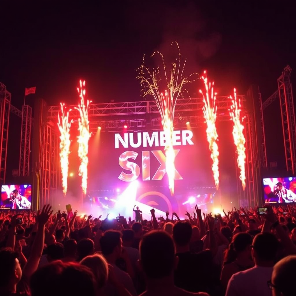 A vibrant photograph of Number Six performing live at a music festival, with a massive crowd of people dancing and cheering. The stage is lit up with dazzling lights and pyrotechnics, creating an atmosphere of pure excitement.