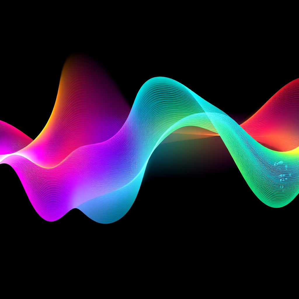An abstract representation of sound waves, visualized as colorful and dynamic patterns. The patterns should be constantly evolving and shifting, representing the endless possibilities of sound design.