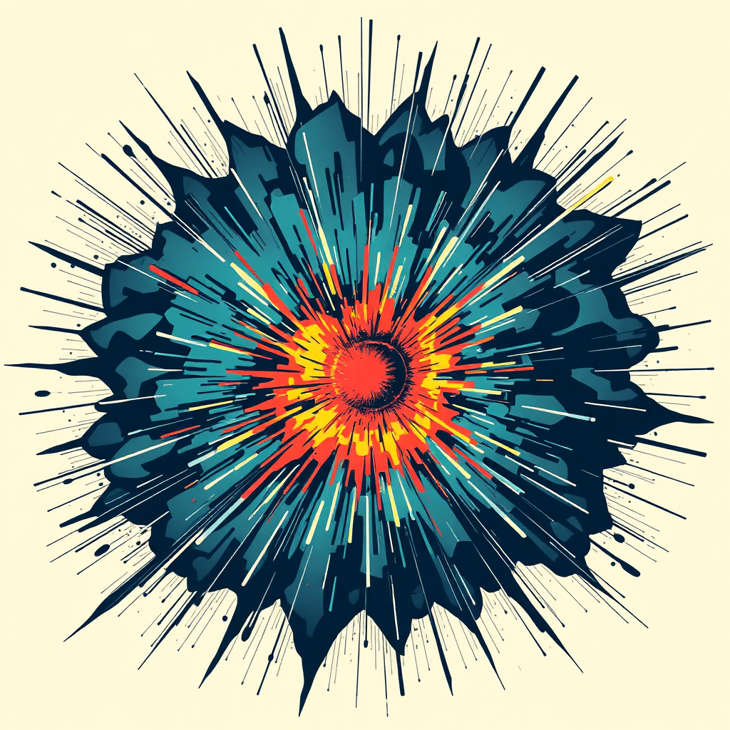 Depict a massive explosion of sound, with shockwaves radiating outwards. The colors should be intense and dramatic, representing the energy and power of music. The style should be dynamic and impactful.