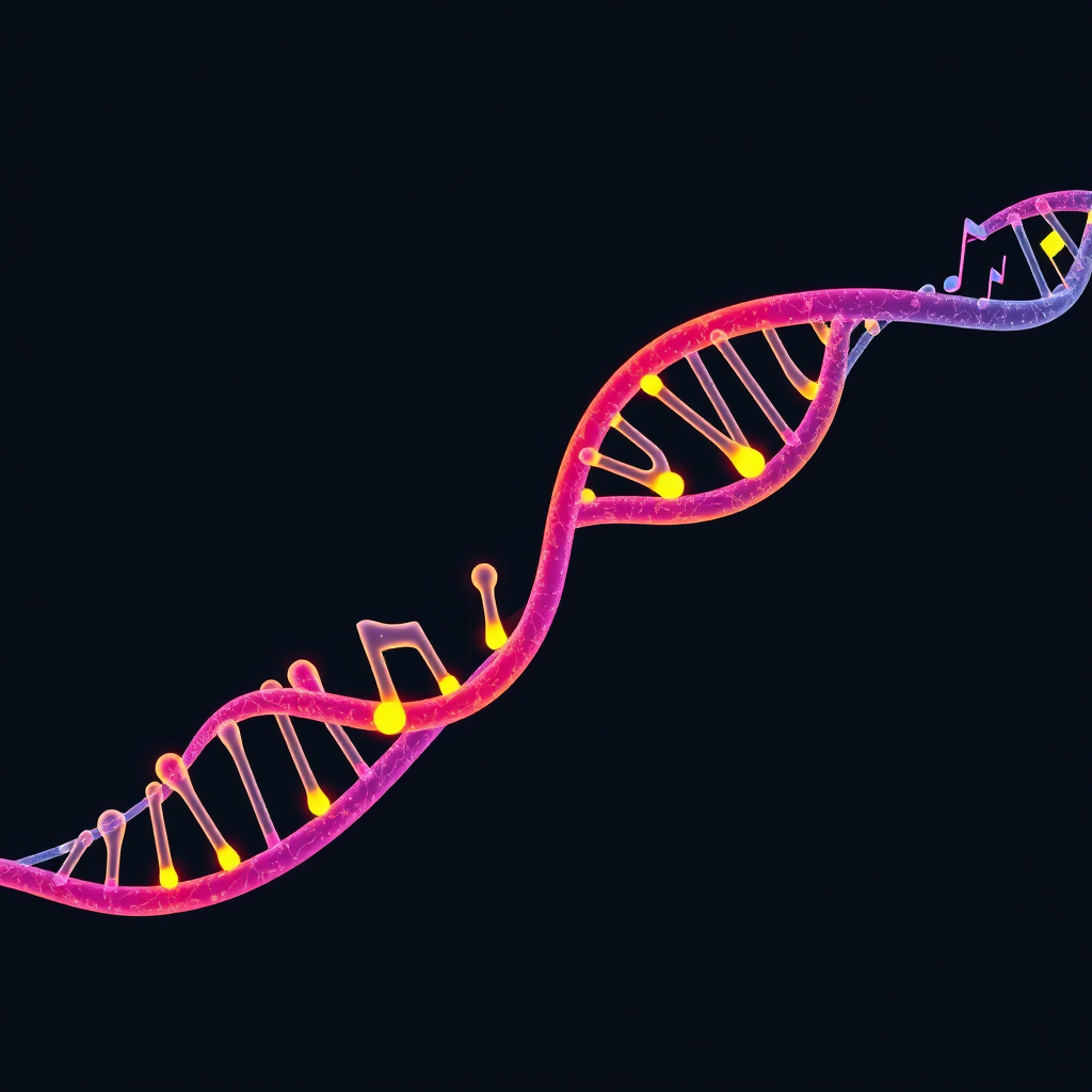 Show a stylized DNA strand, but instead of genetic code, it's composed of musical notes and waveforms. The colors should be vibrant and eye-catching, representing the diversity and evolution of electronic music.