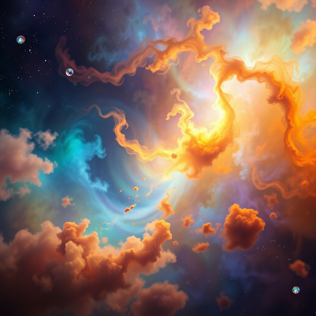 Visualize a colorful nebula, with swirling clouds of gas and dust. The colors should be rich and vibrant, representing the beauty and complexity of harmony. The style should be artistic and ethereal.