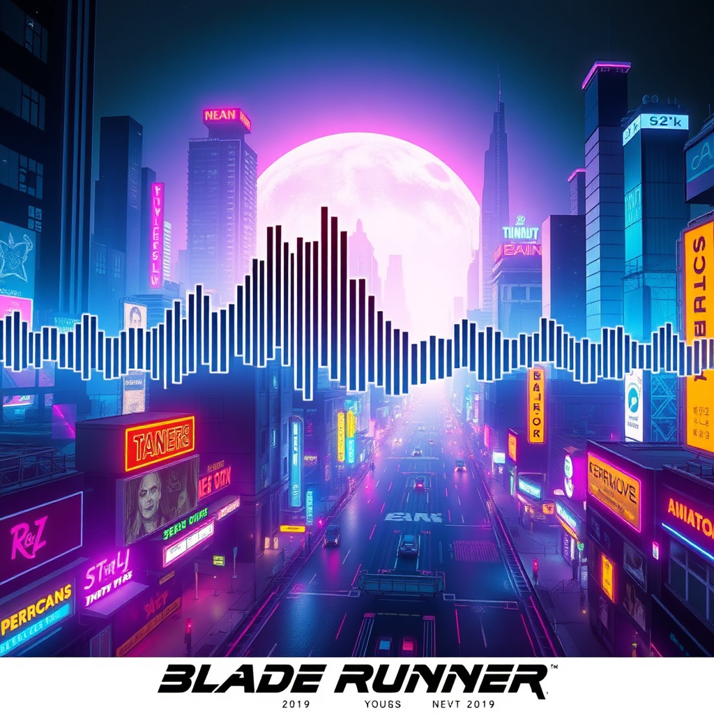 Visualize a soundwave morphing into a futuristic cityscape, lit by neon signs and holographic projections. The style should be sleek and modern, reminiscent of 'Blade Runner 2049'. The color palette consists of vibrant blues, purples, and oranges. Capture the energy and excitement of a bustling cyberpunk metropolis.