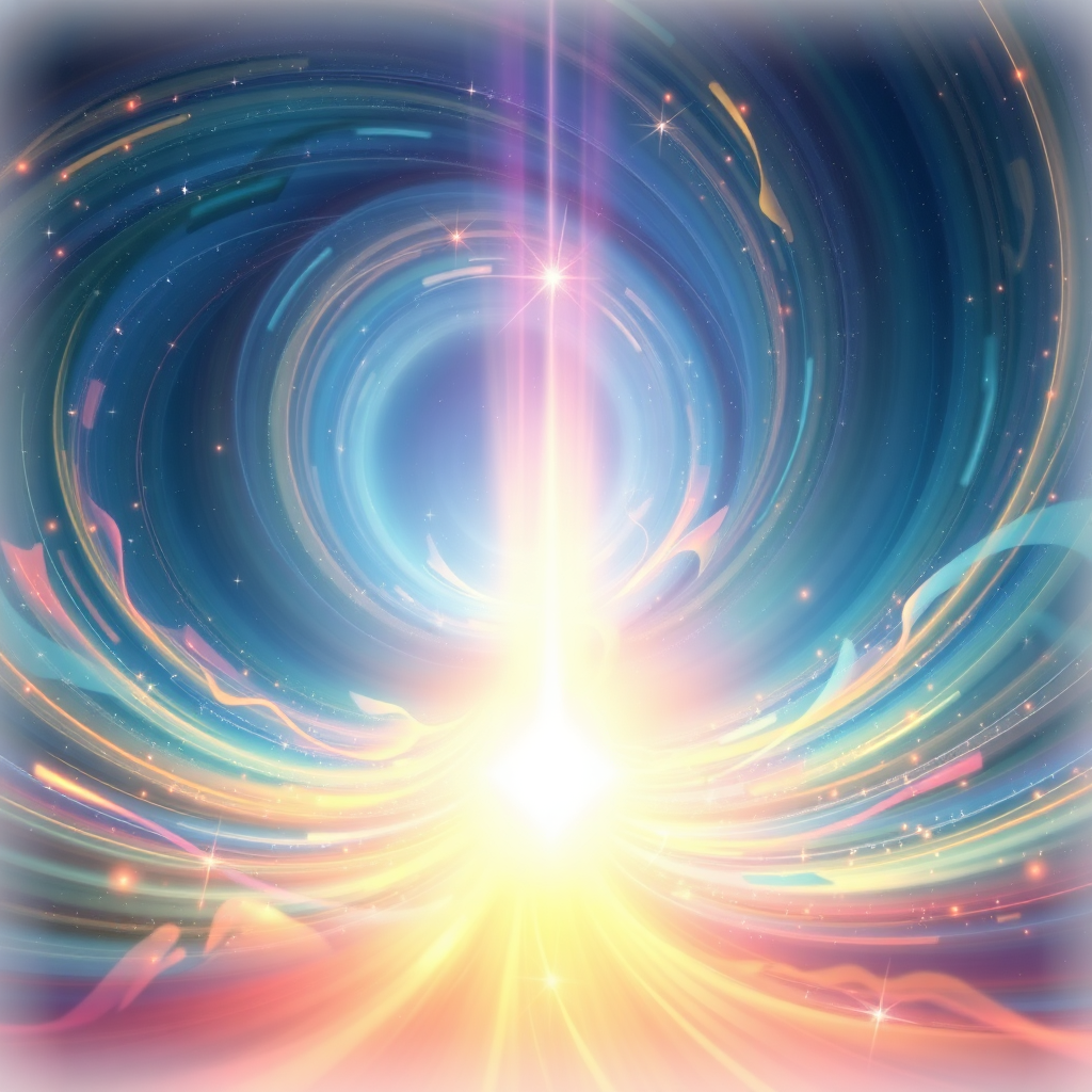 Visualize a swirling vortex of light and energy, leading to a higher plane of existence. The colors should be bright and ethereal, representing the transcendence of music. The style should be surreal and dreamlike.